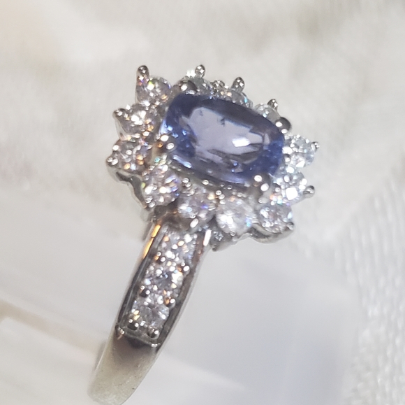 Spectacular Tanzanite Moissanite Sunburst Platinum over Sterling Silver Ring - Picture 3 of 10